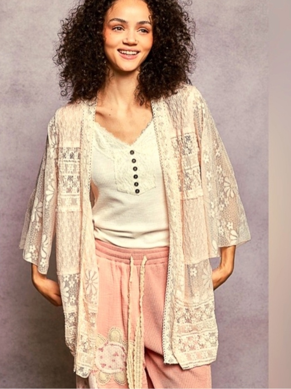 POL Lightweight Cream Colored Lace Kimono
